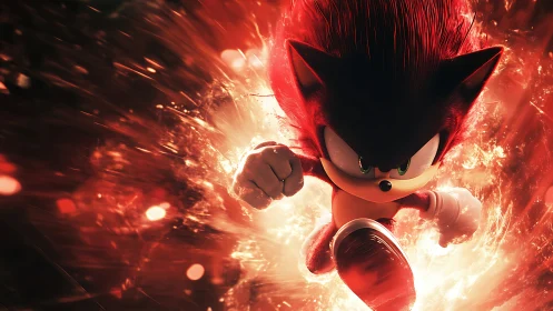 Red anthropomorphic hedgehog running through fiery energy field.