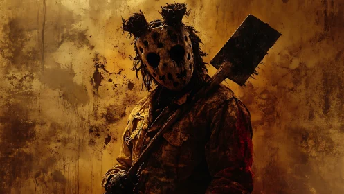 Masked figure holding shovel stands before stained wall