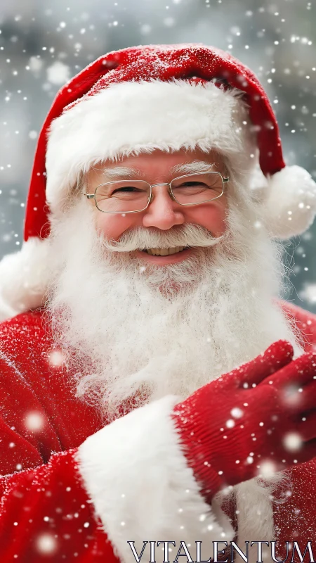 Joyful Santa Claus smiles warmly amid falling snowflakes
