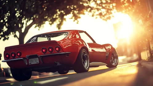 Low-angle study of a red classic sports car in sunset backlight