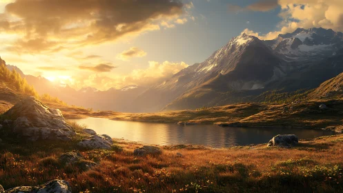 Mountain lake at sunset with warm light over valley.