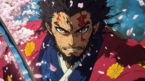 Samurai swordsman under falling petals in close view.