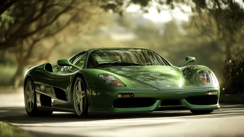 Green supercar under soft daylight on tree-lined road.