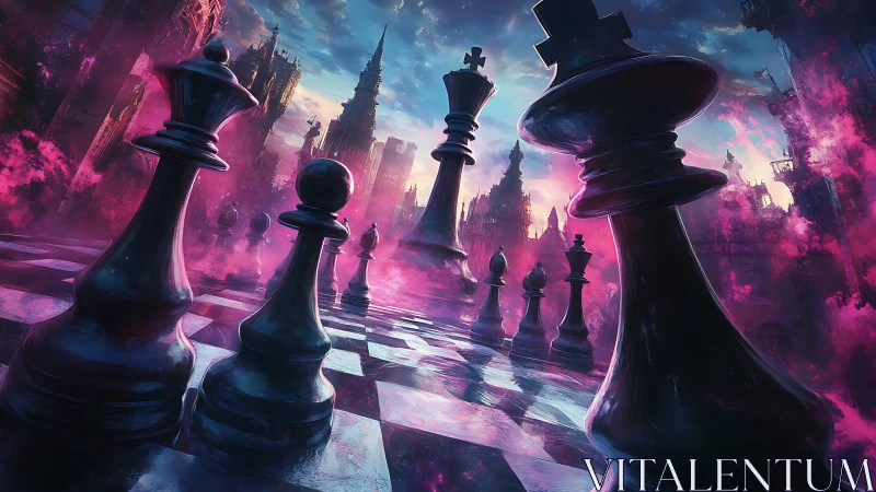 Colossal chess kings tower over a neon-drenched dream city