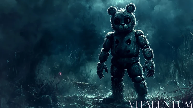 Bear mascot robot stands in dark misty forest clearing