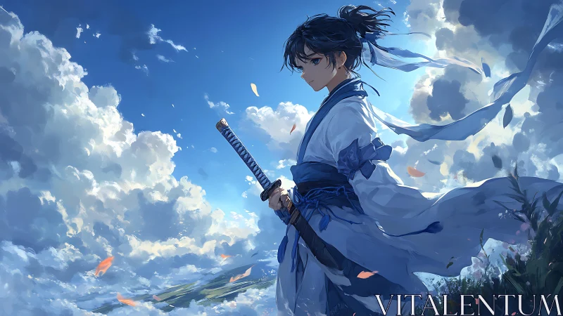 Samurai figure in blue robes standing against clouded sky.