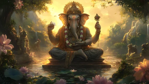 Ganesha statue in lotus pond with surrounding forest light.