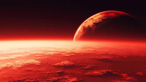 Crimson horizons quietly cradle a half-lit alien world