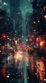 Rain-drenched neon avenue glows through the evening storm.