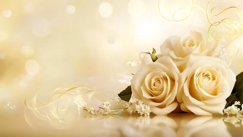 Ivory roses on golden bokeh background with soft reflections.