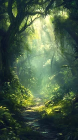 Enchanted Forest Path with Sunlit Canopy.