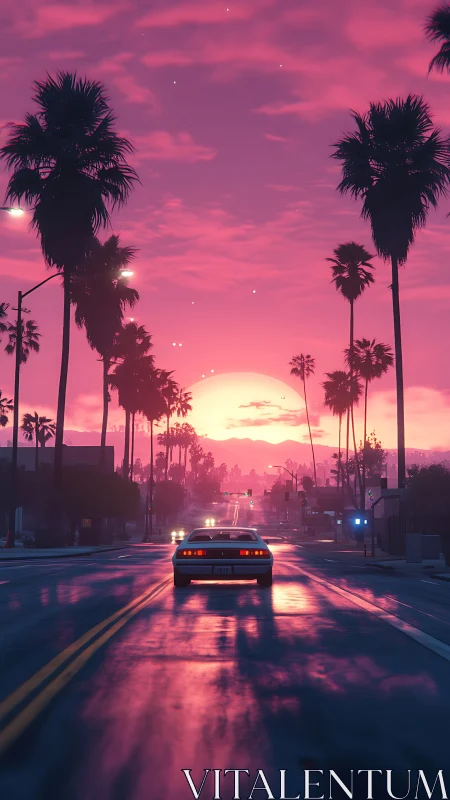 Sunset drive glows along a palm-lined city boulevard