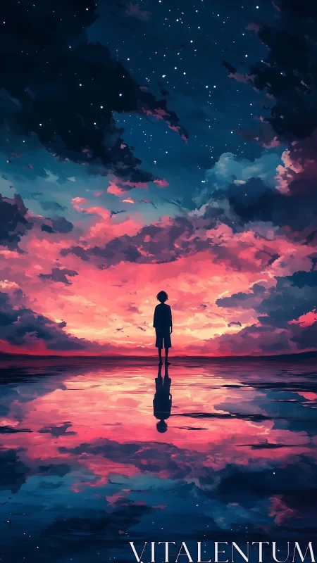 Silhouette of lone figure under vivid pink sunset sky.