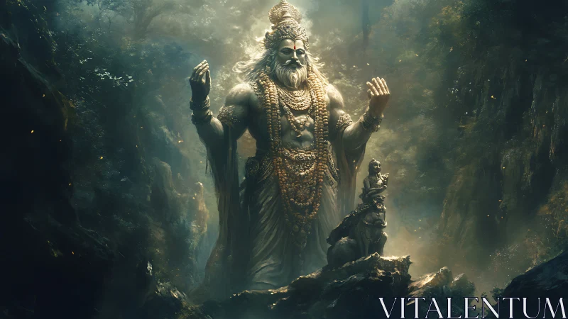 Colossal deity-like statue stands in misted forest gorge