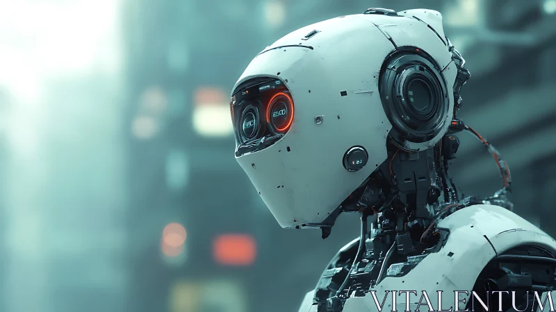 Stark white android portrait in misty neon cityscape.