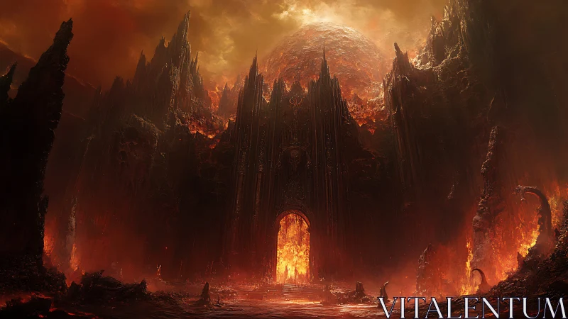 Infernal citadel with towering lava spires and gate.