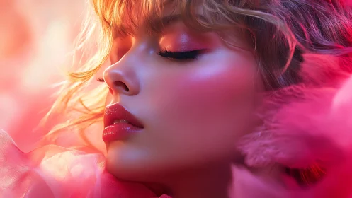 Dreamy neon portrait wrapped in soft pink feathers.