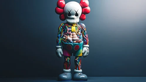 Color-sliced vinyl skeleton toy reveals playful anatomy.