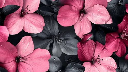 Pink and Dark Floral Composition with Water Droplets.