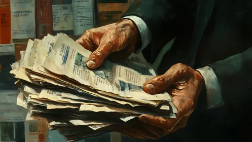 Hands holding thick stack of old paper documents tightly.