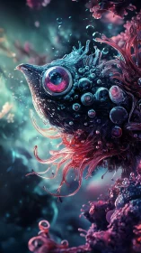 Bioluminescent alien fish with glassy bubbles and tendrils
