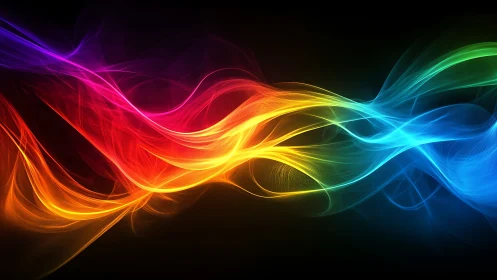 Vibrant neon light waves twist across deep black void.