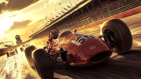 Vintage red formula racer storms sunset-speedway circuit.