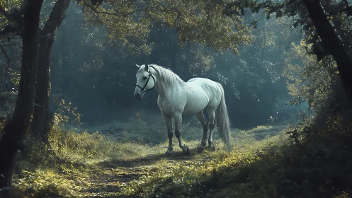 White horse in misty woodland path under dappled light.