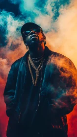 Neon-lit urban portrait in teal and orange smoke haze.