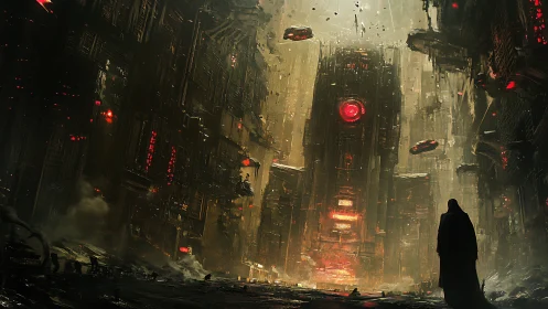 Cloaked figure confronts colossal red‑lit machine temple at dusk