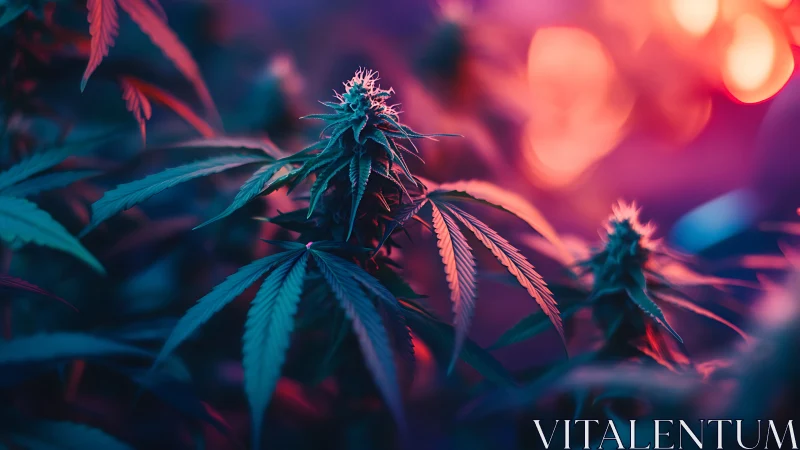 Cyberpunk macro study of cannabis inflorescence under bokeh light.