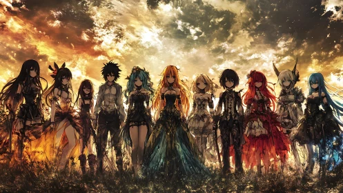 Sunlit anime warriors stand unified beneath burning sky