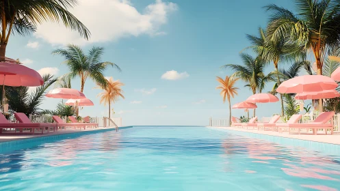Sunlit infinity pool with pastel pink umbrellas by sea.