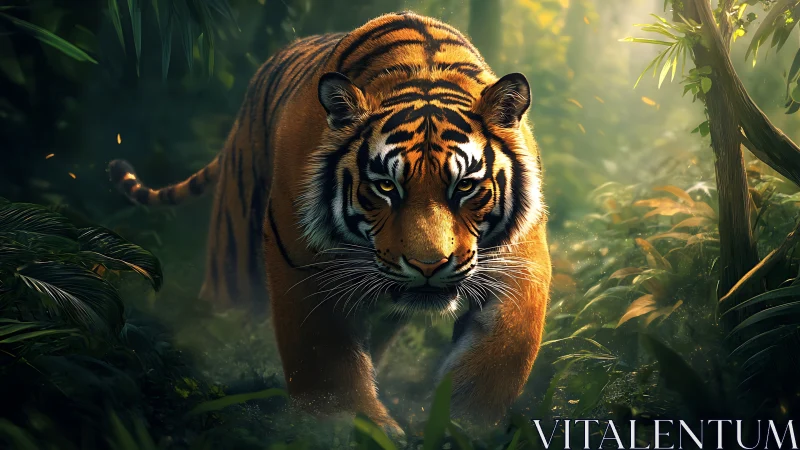 Stalking tiger emerging through sunlit jungle foliage.