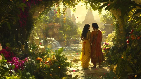 Lovers in golden temple garden, walking through mythic sunlight.