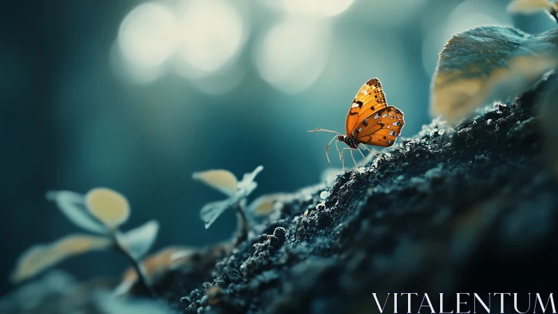 Lone amber butterfly pausing on a twilight forest ledge.