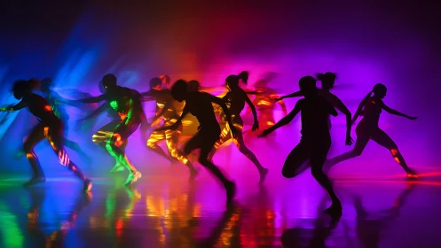 Multiple silhouetted figures move through colored stage lighting