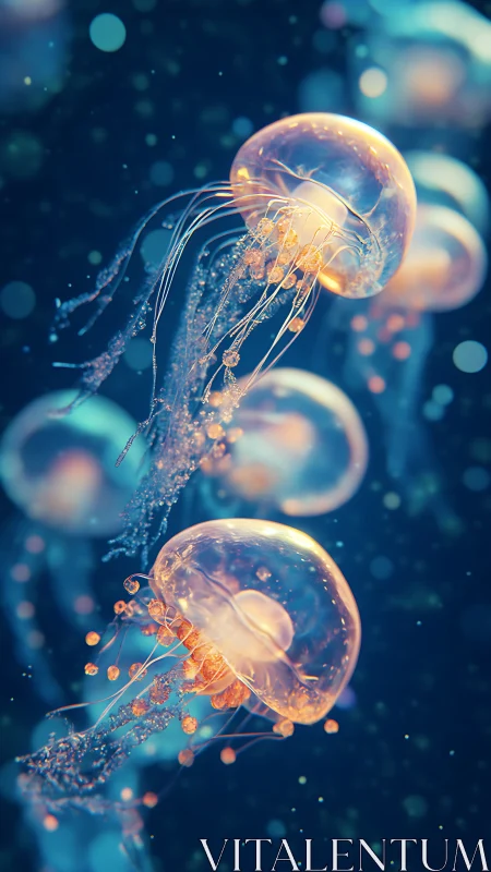 Glowing jellyfish drift through a tranquil, starlit ocean
