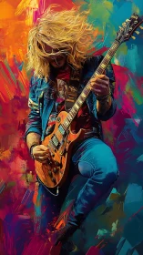Electric guitarist jumps in bold abstract color storm.