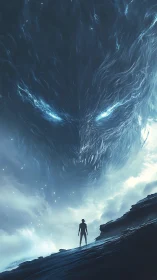 Solitary figure facing colossal stormborne spectral entity