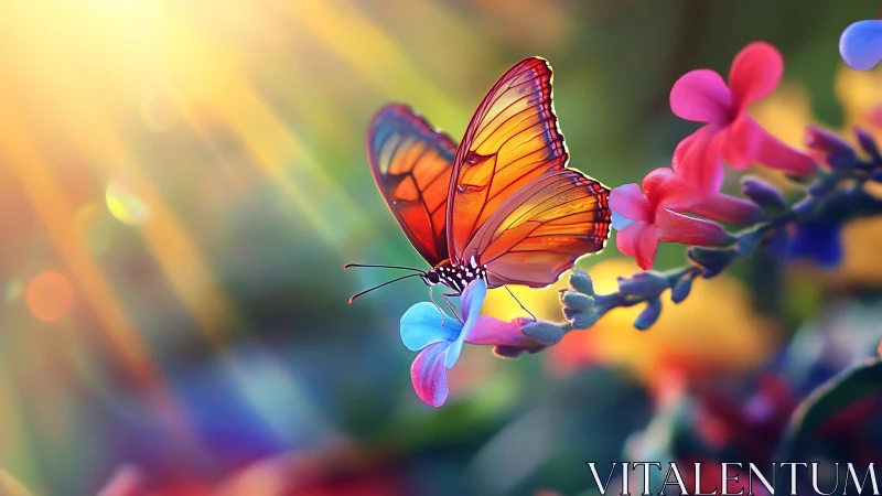 Orange butterfly on multicolored flowers in diffuse sunlight.