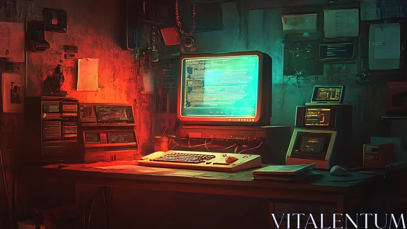 Retro computer workstation displays code in dim studio