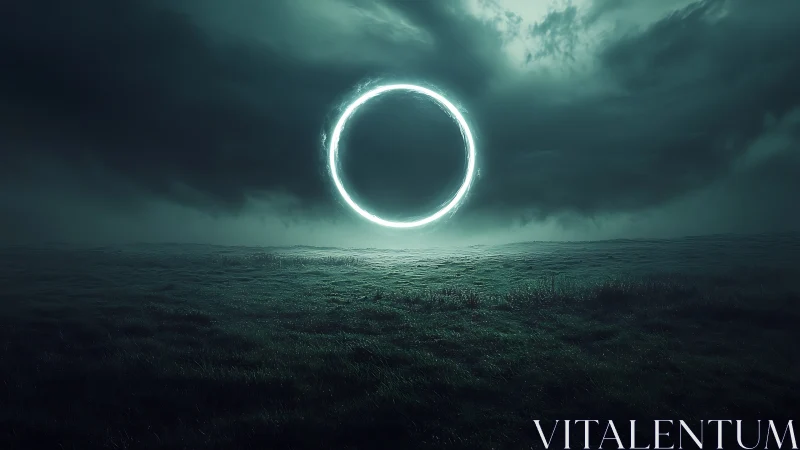 Luminous void ring hovering above a windswept midnight field.