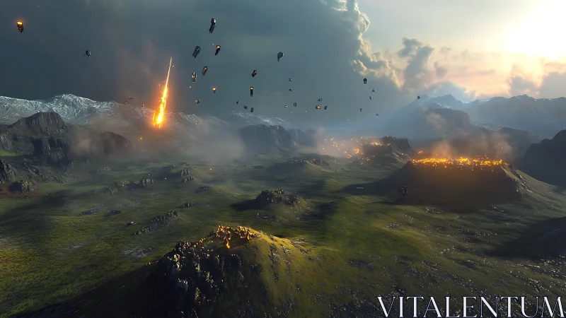 Futuristic invasion over vast mountain valley at dusk.