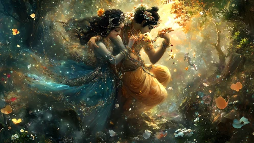 Divine forest lovers swirling through petals and golden light.