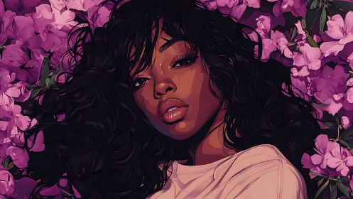 Digital portrait of reclining woman amid vivid magenta azaleas