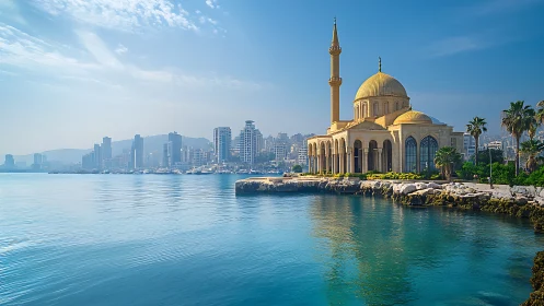 Coastal mosque with domed roof and minaret facing dense urban skyline