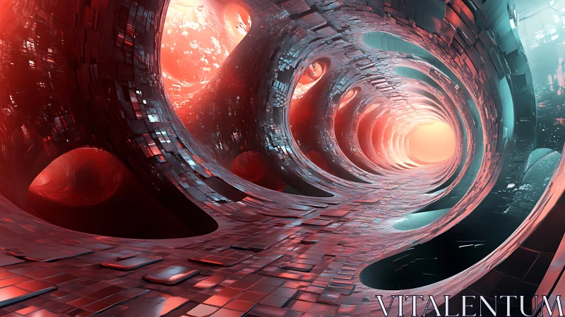 Futuristic red alloy tunnel with recursive cylindrical voids.