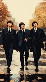 Digital painting of suited trio on autumn city street.