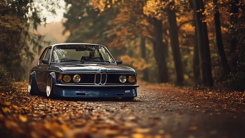 Modified classic BMW sedan on leaf-covered forest road.